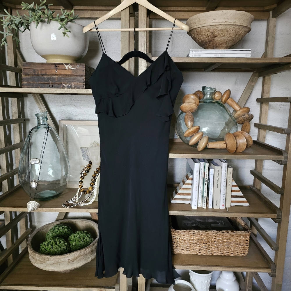 Vintage Max Studio Black Silk Bias Cut Midi Slip Dress Y2K Sz L
